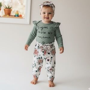 I Got It From My Mama Floral Baby Outfit‎ 0–3M | 3-Piece Set